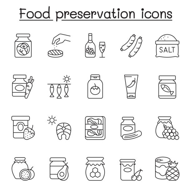zachowane ikony żywności ustawione w cienkim stylu liniowym - healthy eating food and drink nutrition label food stock illustrations