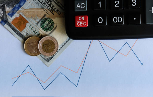 istock Financial charts next to a calculator. Banknotes on the growth and crisis chart 1248265528