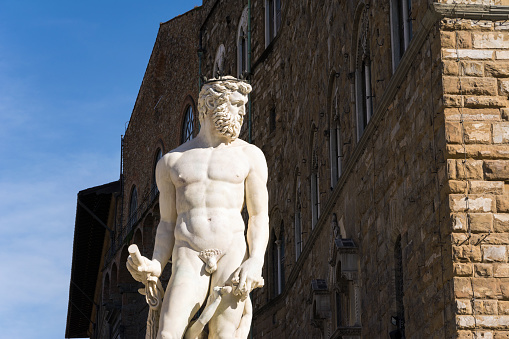 Neptune God of the Sea. Marble statue from the Fountain of Neptune, erected in 1565 in \