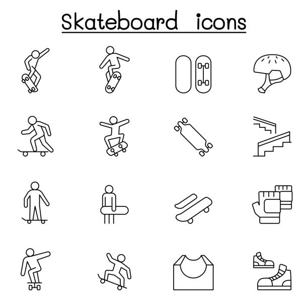 illustrations, cliparts, dessins animés et icônes de icône de planche à roulettes réglée dans le modèle mince de ligne - skateboard