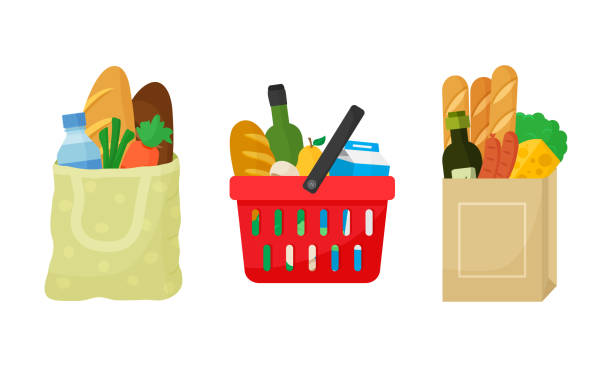 ilustrações, clipart, desenhos animados e ícones de conjunto de compras de supermercado. saco têxtil, cesta de compras e pacote de papel com produtos. alimentos e bebidas, legumes e frutas. vetor - packaging bottle plastic wine