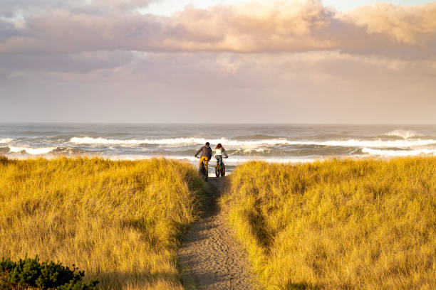 Sun lights up surrounding grassy meadow, Pacific Ocean in distance
