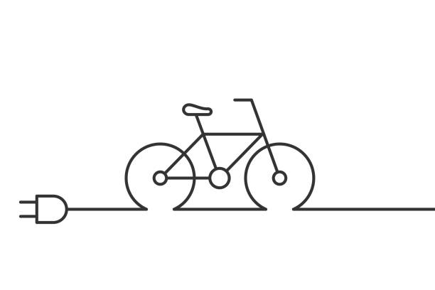 illustrazioni stock, clip art, cartoni animati e icone di tendenza di bicicletta elettrica con un'icona della linea di spine. simbolo del punto di ricarica della bici e. bicicletta con batteria. - bicicletta elettrica