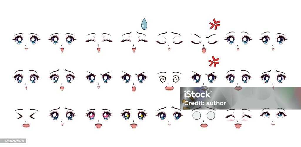 Ilustración de Conjunto De Expresiones De Estilo Anime De Dibujos Animados  Ojos Azules Labios Rosados y más Vectores Libres de Derechos de Alegre -  iStock