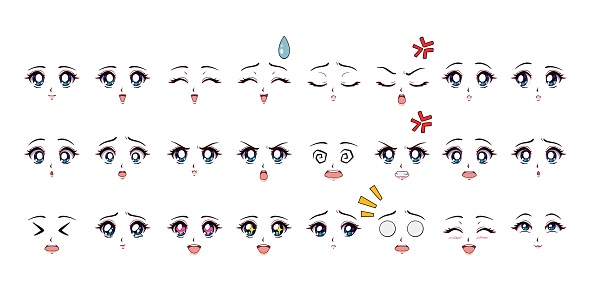 Ilustración de Conjunto De Expresiones De Estilo Anime De Dibujos Animados  Ojos Azules Labios Rosados y más Vectores Libres de Derechos de Alegre -  iStock
