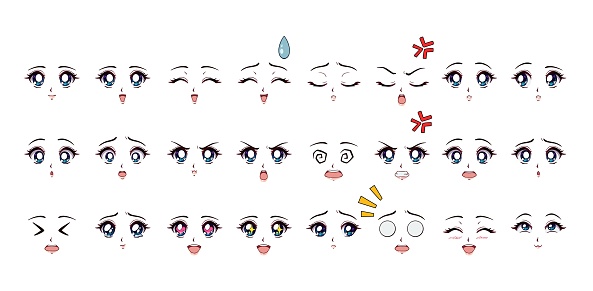 Ilustración de Conjunto De Expresiones De Estilo Anime De Dibujos Animados Ojos Azules Labios Rosados y más Vectores Libres de Derechos de Alegre - iStock Ilustración de Conjunto De Expresiones De Estilo Anime De Dibujos Animados Ojos Azules Labios Rosados y más Vectores Libres de Derechos de Alegre - iStock