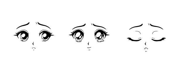 Set Of Anime Sad Faces Hand Drawn Vector Cartoon Illustration Stock  Illustration - Download Image Now - iStock