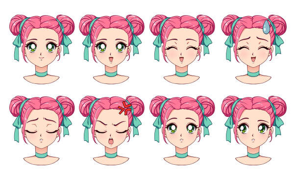 ●表情が違う可愛いアニメの女の子のセット。ピンクの髪、大きな緑の目。 - 漫画のキャラクター点のイラスト素材／クリップアート素材／マンガ素材／アイコン素材