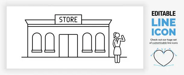 Vector illustration of Editable line icon of a stick figure small business owner in front of het store