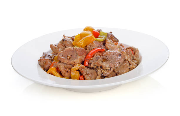 istock Thai food. stir fry pork with pepper chilli on white background 1248271597