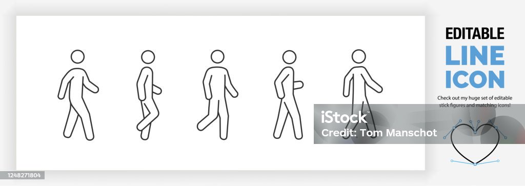 Conjunto de iconos de línea editables de un hombre palo o figura de palo caminando en diferentes poses - arte vectorial de Andar libre de derechos