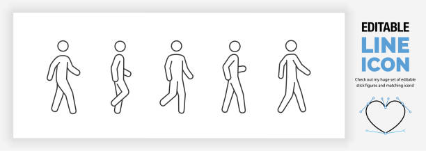 illustrazioni stock, clip art, cartoni animati e icone di tendenza di set di icone di linea modificabile di un uomo bastone o di una figura bastone che cammina in pose diverse - stepping
