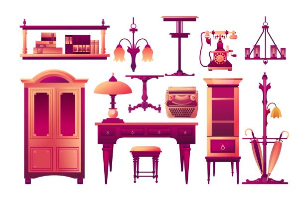 ilustrações, clipart, desenhos animados e ícones de conjunto de elementos móveis design - furniture table isolated old