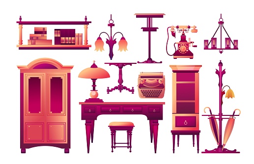 Vector collection of antique furniture for creating the interior of an office at home or in an office, isolated on a white background mahogany color