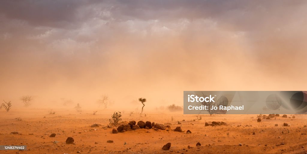 Dusty sandstorm in refugee camp Dusty sandstorm in Hilaweyn refugee camp, Dollo Ado, Somalia region, Ethiopia, Africa Apocalypse Stock Photo