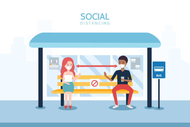 Social Distancing Concept Illustration Showing People At A Bus Station  Stock Illustration - Download Image Now - iStock