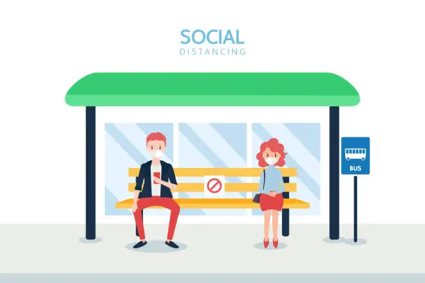 Vector illustration of Social distancing concept illustration showing people at a bus station