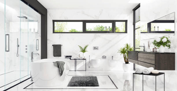 banheiro branco com chuveiro e banheira - bathroom black faucet - fotografias e filmes do acervo