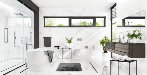 белая ванная комната с душем и ванной - bathroom black faucet стоковые фото и изображения