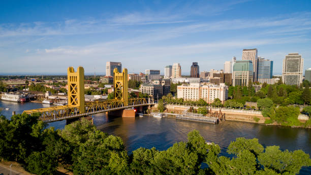 Sacramento Tower Bridge and Sacramento Capitol Mall High quality stock aerial view photo of Sacramento's Tower Bridge and the Sacramento River, looking towards the Capitol mall and building. california stock pictures, royalty-free photos & images