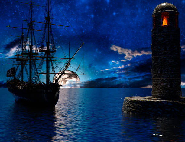 istock Pirate sailship near the old lighthouse with fire at moonlight 1248279866