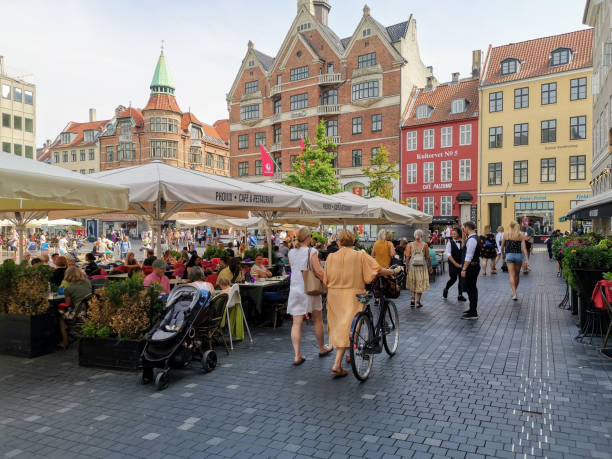 Outdoor cafe in the summer, quaint square in Copenhagen city center