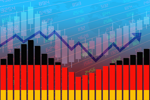 Flag of Germany on bar chart concept of economic recovery and business improving after crisis such as Covid-19 or other catastrophe as economy and businesses reopen again.