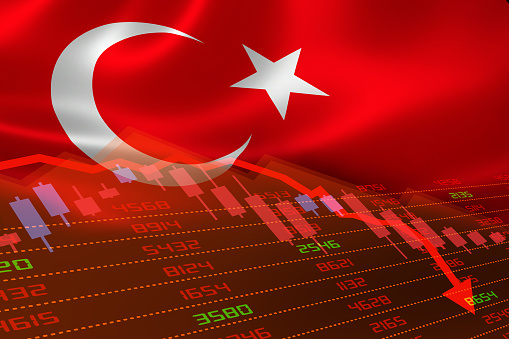 Turkey economic downturn with stock exchange market showing stock chart down and in red negative territory. Business and financial money market crisis concept caused by Covid-19 or other catastrophe.
