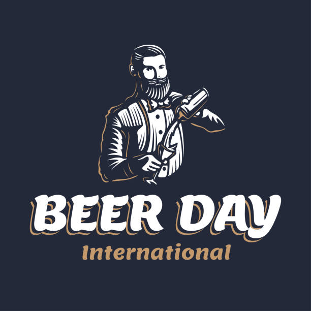 Bearded barmen with a shaker to International Beer Day. Vector illustration of barkeeper or bartender character silhouette at work on a black background in old engraved retro vintage style Bearded barmen with a shaker to International Beer Day. Vector illustration of barkeeper or bartender character silhouette at work on a black background in old engraved retro vintage style bartender illustrations stock illustrations