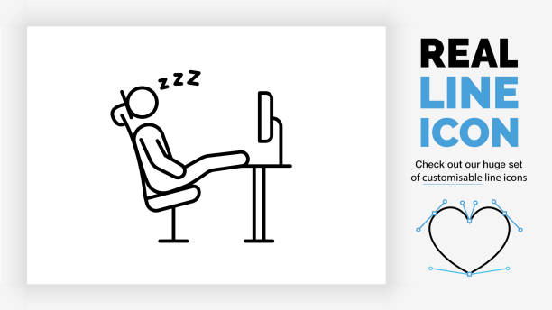 ilustraciones, imágenes clip art, dibujos animados e iconos de stock de icono de línea real editable de una figura de palo de empleado durmiendo en el trabajo - sleeping on the job illustrations