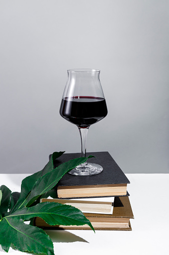 Glass of red wine stands on a stack of three old books. Green leaf. White table, gray background.