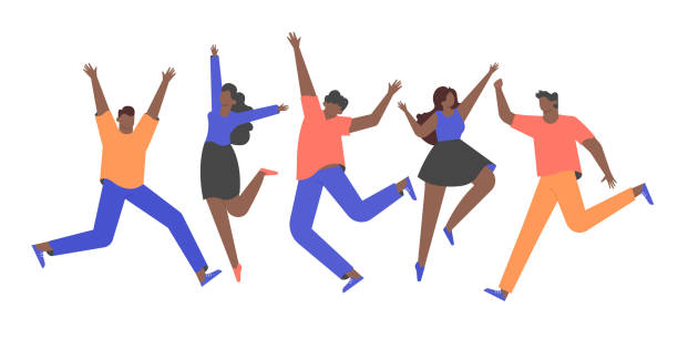カジュアルな服を着た幸せなアフリカの人々のグループ。男性と女性がジャンプしています。お 祝い。ベクトルフラットイラストレーション。 - jumping business women dancing点のイラスト素材／クリップアート素材／マンガ素材／アイコン素材