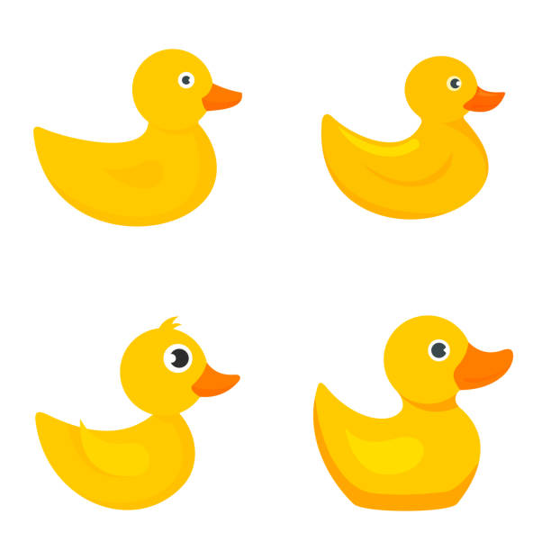ilustraciones, imágenes clip art, dibujos animados e iconos de stock de conjunto de iconos de pato amarillo, estilo plano - rubber duck