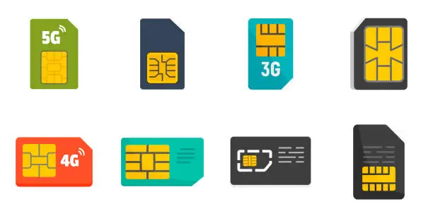 Vector illustration of Sim phone card icons set, flat style