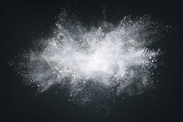 Abstract design of white powder cloud on dark background Abstract design of white powder or dust particles cloud explosion and splash with smoke flying over black background particle stock pictures, royalty-free photos & images