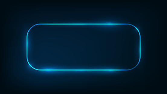 Neon rounded rectangle frame with shining effects on dark background. Empty glowing techno backdrop. Vector illustration.
