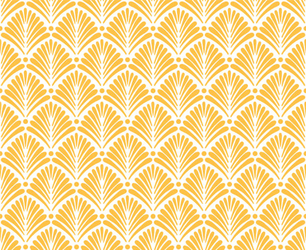 illustrations, cliparts, dessins animés et icônes de motif inspiré de l’art déco avec motif stylisé de forme de feuille de palmier dans la couleur jaune doré. - 1920s style illustrations