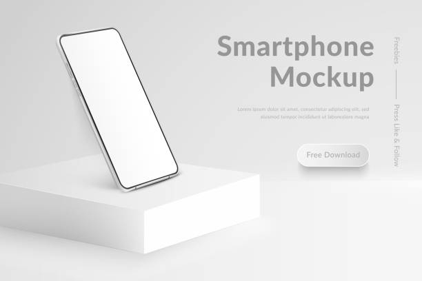 istock White realistic smartphone mockup on square podium. 3d mobile phone with blank white screen. Modern cell phone template on light background. Illustration of device 3d screen 1248294129