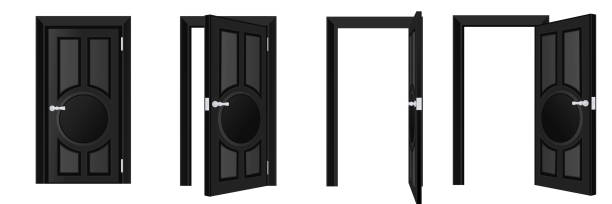 istock Closed and open black door set isolated on white background. Home entrance and exit design element. Vector illustration. 1248295956