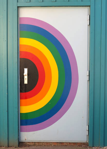 Rainbow door in wooden wall
