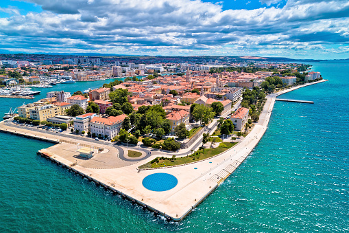 Zadar. Town of Zadar historic peninsula panoramic aerial view, Dalmatia region of Croatia