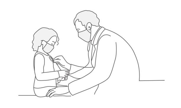 Doctor in protection mask examines a little girl in face mask Doctor in protection mask examines a little girl in face mask. Line drawing vector illustration. baby doctor stock illustrations