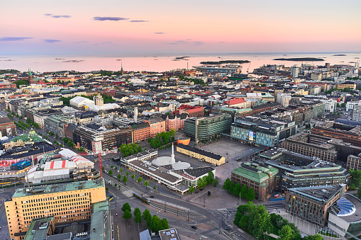 Helsinki, Finland - May 31, 2020: Aerial view of central Helsinki. View of Amos Rex Museum, Kamppi Chapel, and Plaza Narinkka.