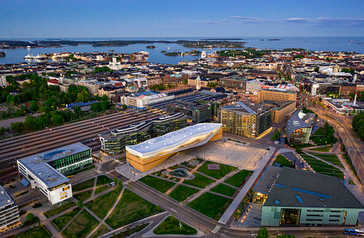 Helsinki, Finland - May 31, 2020: Aerial view of the new brand library Oodi in central Helsinki in summer evening.