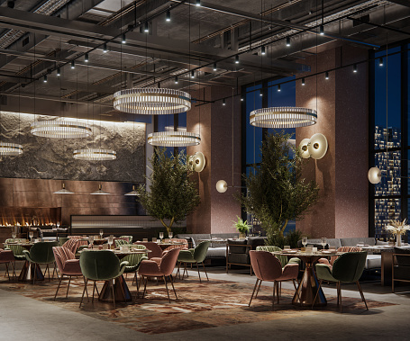 Digitally generated image of a large restaurant interior under lights. 3D rendering of a luxury restaurant interior at night.