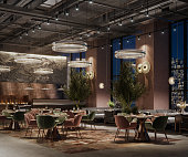 3D rendering of a luxury restaurant interior at night