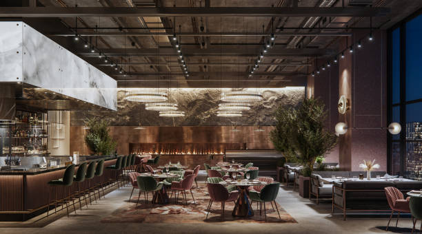 Luxury restaurant interior at night Digitally generated image of a large cafe restaurant interior at night. 3d rendering of a luxury restaurant with elegant decoration. cafe interior stock pictures, royalty-free photos & images