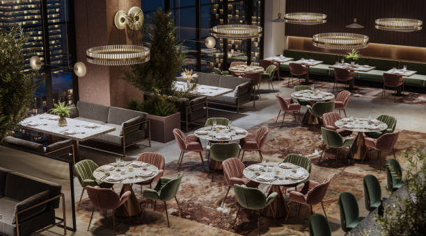 High angle view of a luxury restaurant interior in 3D