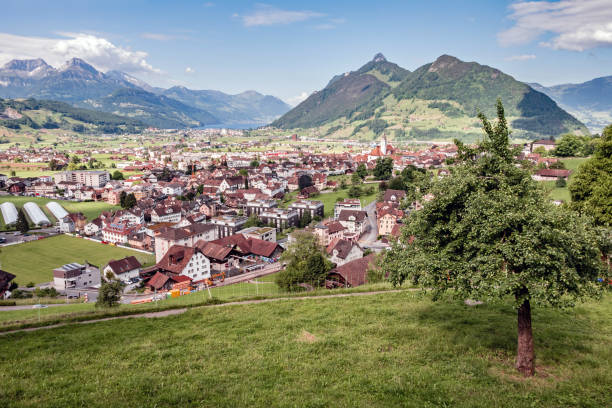 Spring, the city of Schwyz and Lake Lucerne, Switzerland The city of Schwyz and the Lake Lucerne in the Springtime, Switzerland schwyz stock pictures, royalty-free photos & images