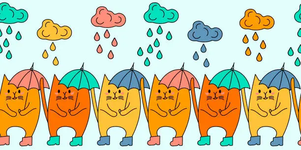 Vector illustration of Seamless border with Cute cat with umbrella, boots and rain clouds . Pets. Vector illustration